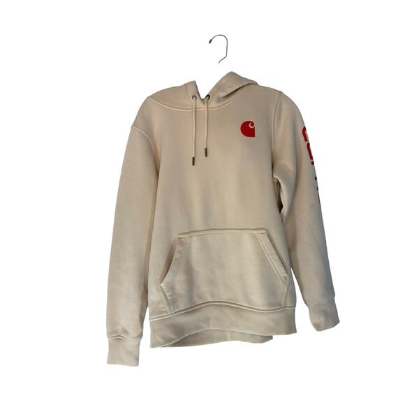 Carhartt Sweatshirt Women's Beige‎ Relaxed Fit Hoodie Long Sleeve Soft Medium - Picture 1 of 11